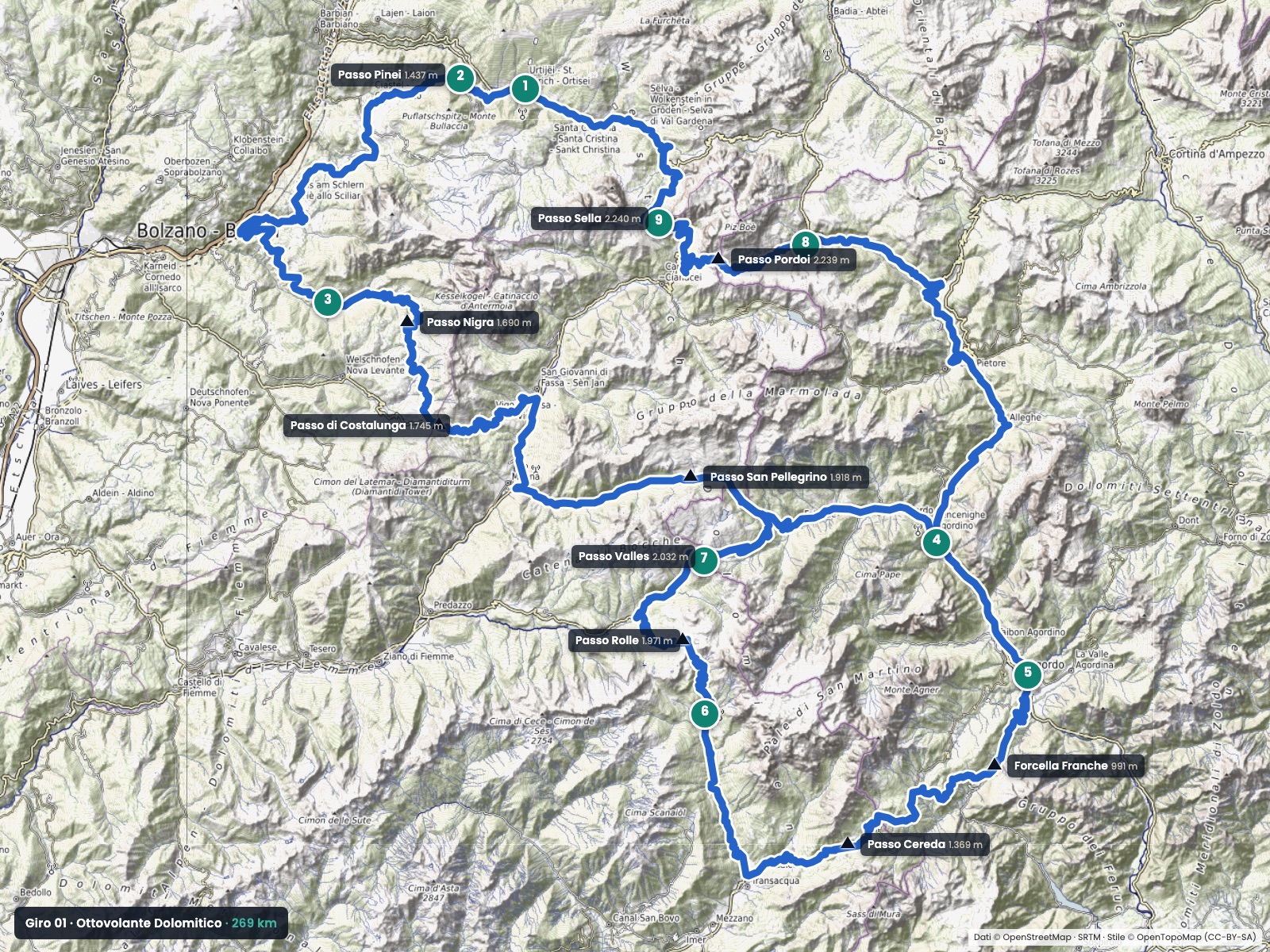 Mappa dell'Ottovolante Dolomitico: anello da Ortisei con i dieci passi