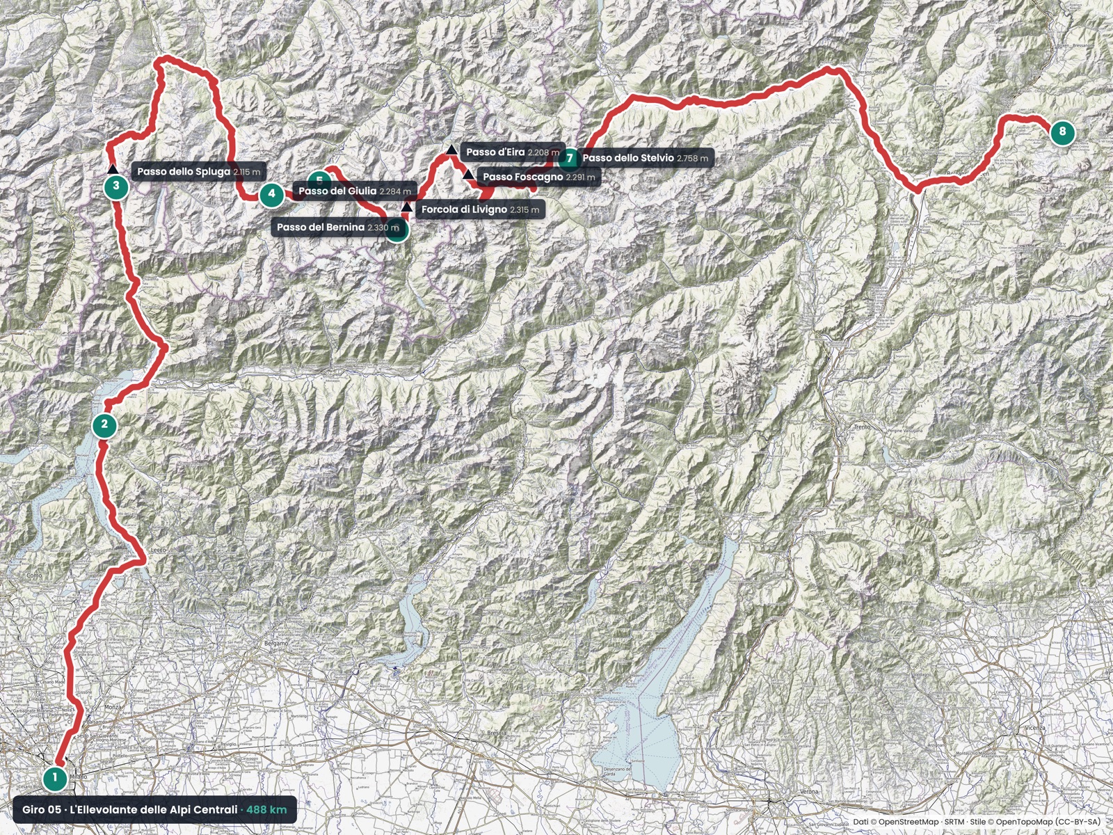 Mappa de L'Ellevolante delle Alpi Centrali, da Milano a Ortisei